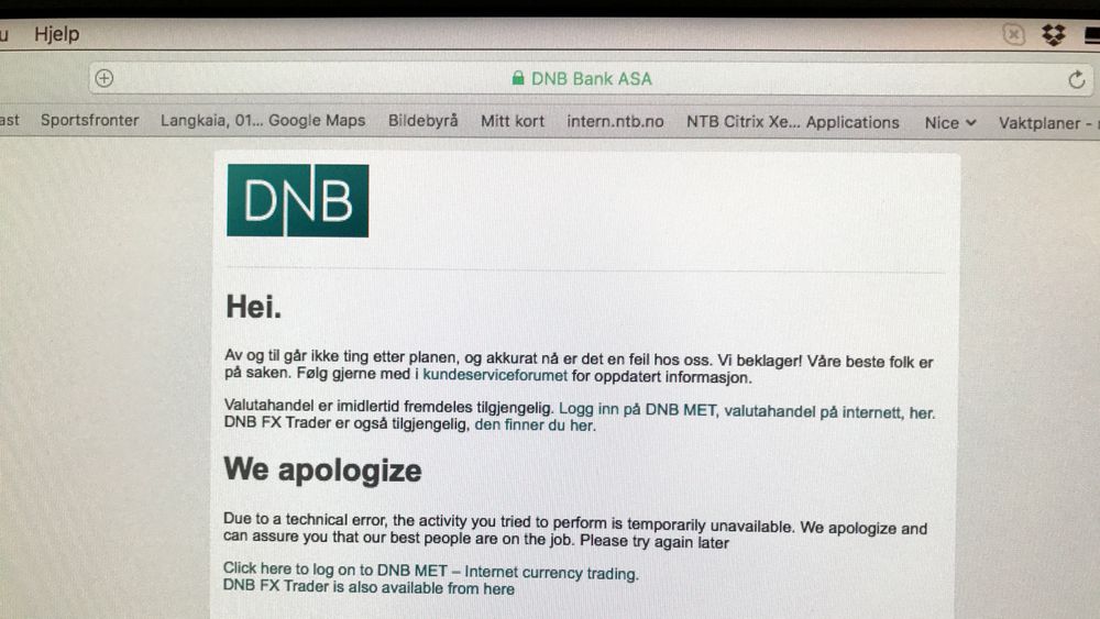DNB har dataproblemer, og både nettbanken og Vipps ligger nede. Bildet er fra da banken hadde problemer i mars.