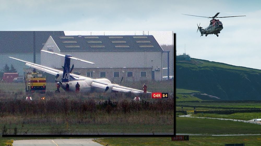 Et AS332L2 går inn for landing på Sumburg lufthavn på Shetland. Innfelt er et Q400 fra SAS på Kastrup med ødelagt landingsstell.