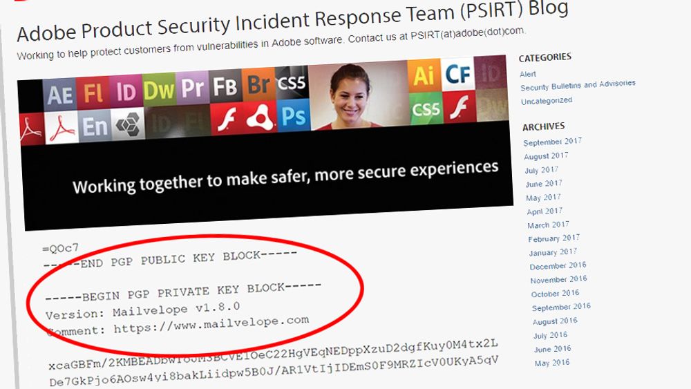 ILLUSTRASJONSBILDE: Adobe trolig trykket feil i krypteringsprogrammet og eksporterte både den offentlige og den private krypteringsnøkkelen som brukes i forbindelse med kryptert epost til Adobe Product Security Incident Response Team. Deretter ble begge disse nøklene publisert.