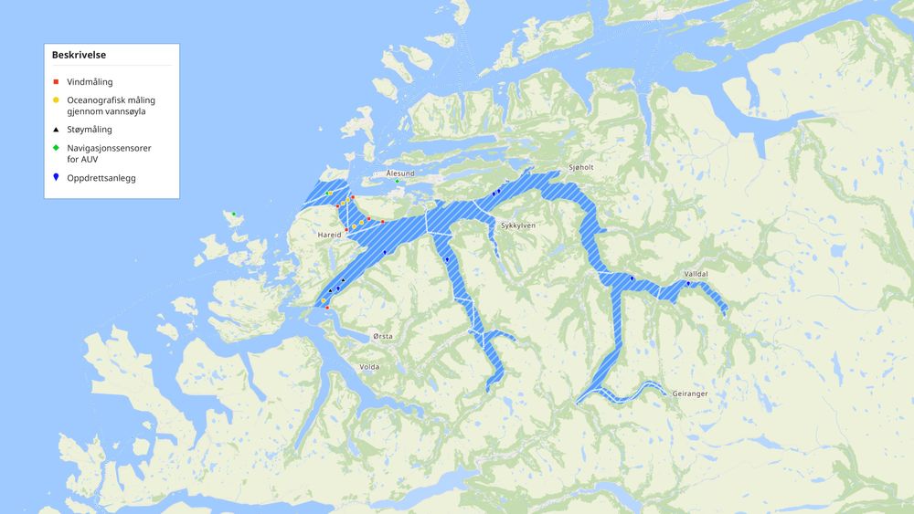Kart over Storfjorden og utplassering av sensorer og instrumenter. Fra og med 29. september 2017 er området gjennom en avtale mellom Sjøfartsdirektoratet, Kystverket og GCE Blue Maritime godkjent testarena for autonome fartøy.