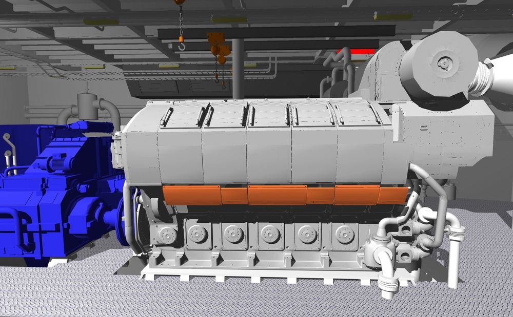 Wärtsiläs W31-motorer med 10 sylindre tegnet inn i  i et ankerhåndteringfartøy. 