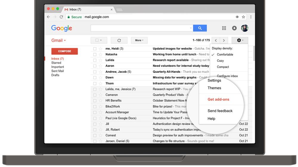 De tilgjengelige Gmail-tilleggene finner man under menyvalget «Get add-ons», eller «Finn tillegg» på norsk.