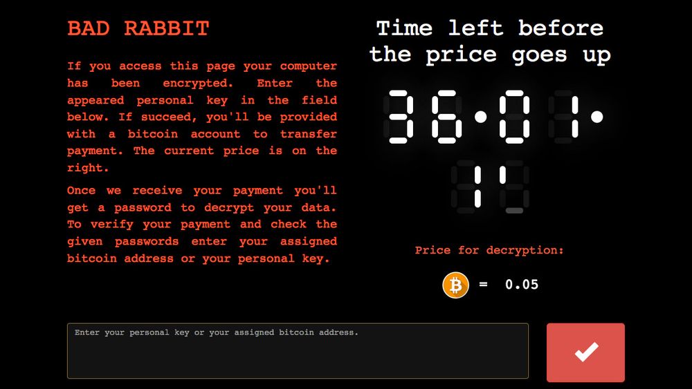 De som står bak Bad Rabbit-skadevaren, krever 0,05 bitcoin i betaling for å utlevere krypteringsnøkkelen som må brukes for å låse opp filene som skadevaren har kryptert.