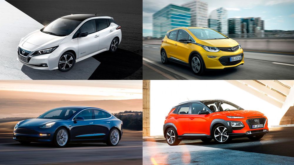 Nissan Leaf 2.0, Opel Ampera-e, Tesla Model 3 og Hyundai Kona er alle elbiler med lang rekkevidde.