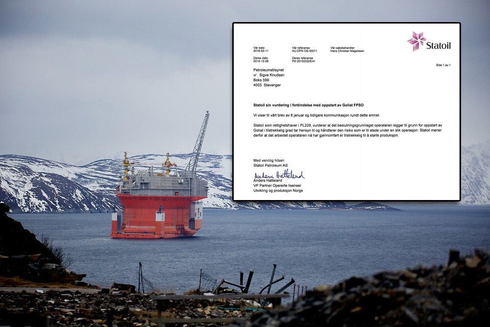Goliat er det første oljefeltet i produksjon i Barentshavet. Statoil gikk i et brev til Ptil (innfelt) god for at plattformen kunne starte produksjonen. I ettertid har det vist seg at plattformen ikke var trygg ved oppstart likevel.