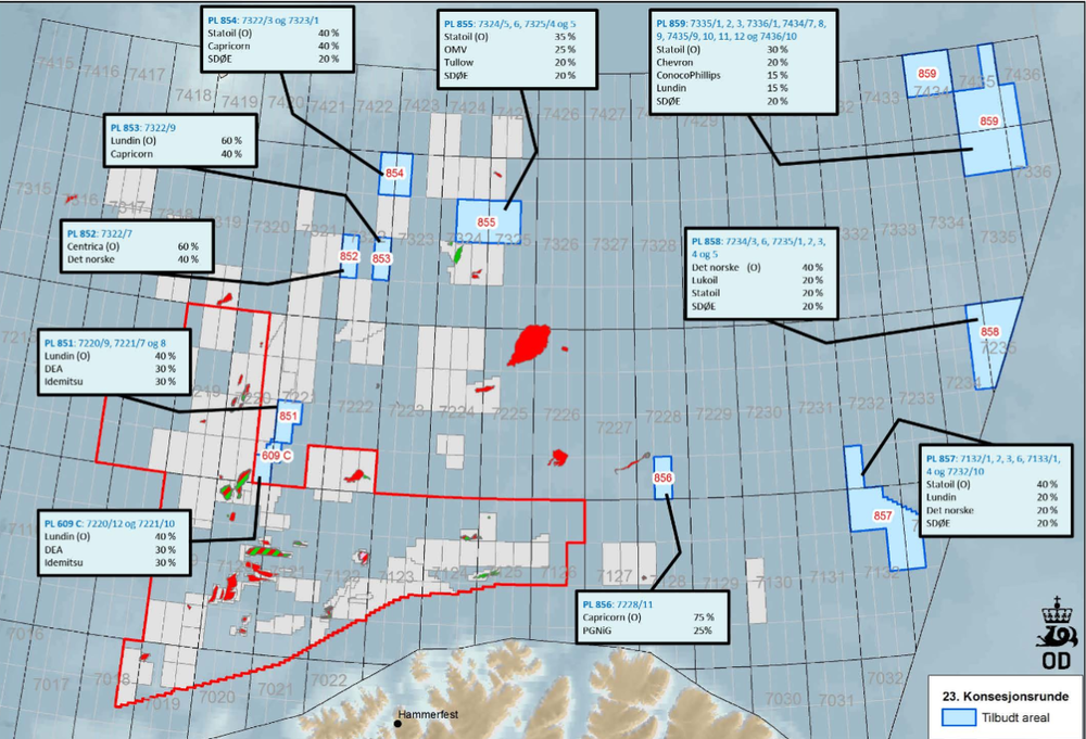 Her er de ti utvinningstillatelsene som ble tildelt i 23. konsesjonsrunde og som Greenpeace og Natur og Ungdom mener strider mot Grunnloven. Letebrønnene som så langt er planlagt i lisensene til neste år er helt til høyre, nærmest grensa til Russland.