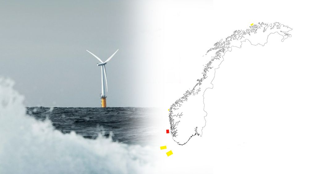 Nå åpnes Utsira nord (i rødt) og Søndre Nordsjø II (sørligste blokk i gult) for havvindsøknader. Utsira Nord er egnet for flytende havvind, mens Sørlige Nordsjø er best egnet for bunnfaste møller
