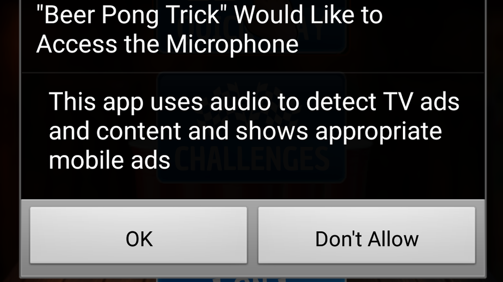 Android-spillet Beer Pong Trick ber brukeren samtykke til at den får bruke mikronen til å lytte etter hva brukeren ser på tv.