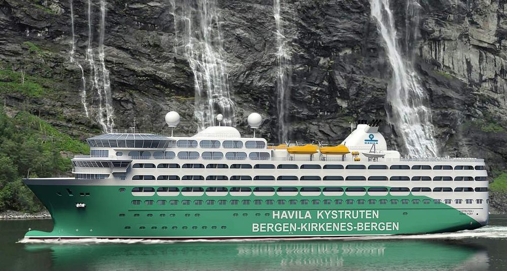  Havila Kystruten tar opp kampen med Hurtigruten ASA og satser på grønne skip med LNG og batterier.Skipene blir 125 meter lange, 20 meter brede og har plass til 700 personer.