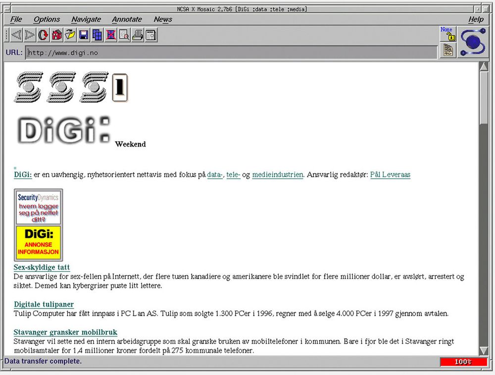 Ikke den helt første utgaven, men her vises digi.no anno 1997 i NCSA Mosaic 2.7b6 for Linux.
