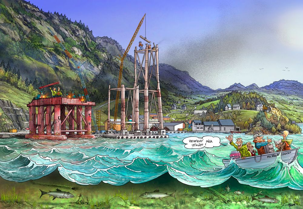 Jakob Hatteland har fått tegner Lars Ahlberg til å illustrere hans frustrasjon over at plattformopphugging får finne sted med utslipp til luft og vann.