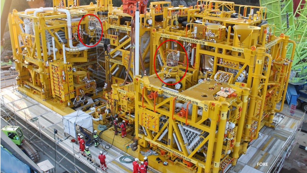 To lytteposter ble integrert på Aasgard Subsea Compressor System. Se innringet. Etter oljeprisfallet må leverandøren jobbe hardt for å få innpass.