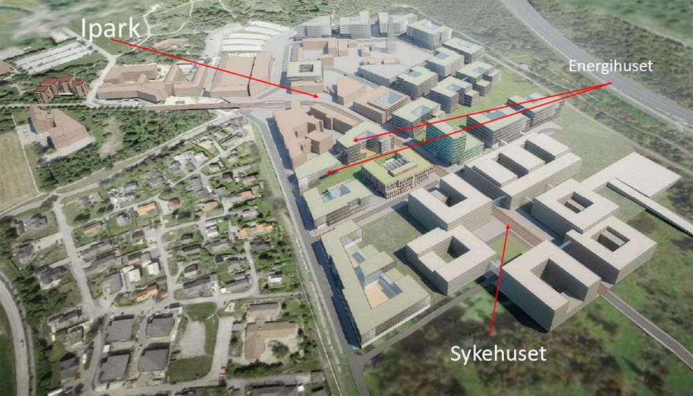 Konseptskisse av området. IT-klyngen får tilhold i bygningsmassen kalt Energihuset, som blir liggende mellom den allerede etablerte innovasjonsparken Ipark og det kommende nye universitetssykehuset på Ullandhaug.