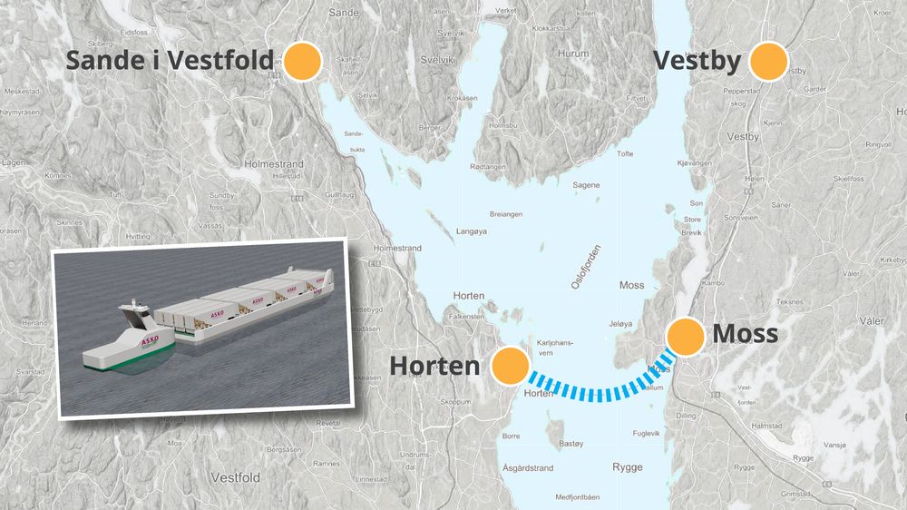Asko åpner i 2021 et nytt lager i Sande i Vestfold, nord for Horten. Behovet for transport mellom lagrene i Vestby og Sande innebærer 150 vogntog i døgnet. For å slippe kaos på veiene, kan autonom drone som skyver lektere mellom Moss og Horten være en god løsning.