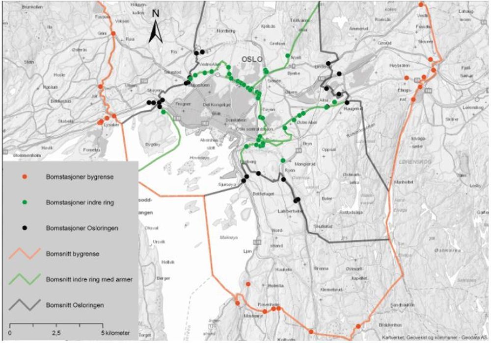 Kart over bomstasjoner i Oslo. 