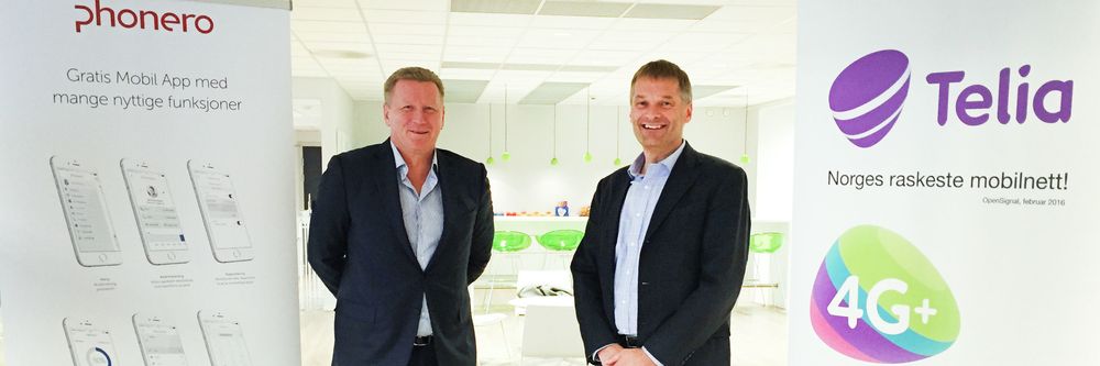 Fra venstre: Tidligere leder for Phonero, Thore Berthelsen, og adminstrerende direktør Abraham Foss i Telia. Telia begynner å høste fruktene av milliardkjøpet.