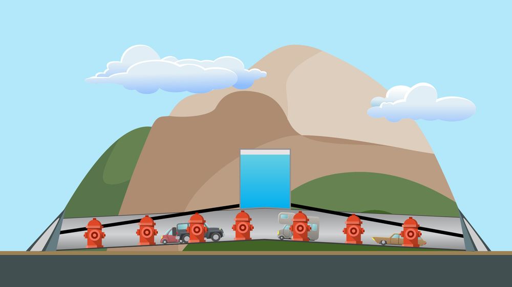 Slik fungerer det unike systemet: Høydebassenget er i midten av tunnelen. Vannet føres ut via vannledninger med en helning på 1,2 prosent, og forsyner tunnelens brannhydranter.