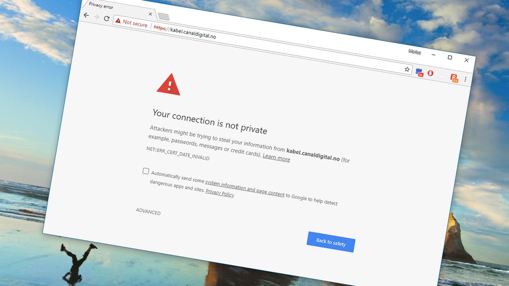 «Privacy error». Tilkoblingen din er ikke sikker. Slik lyder feilmeldingen på nettsidene til Canal Digital Kabel mandag morgen.