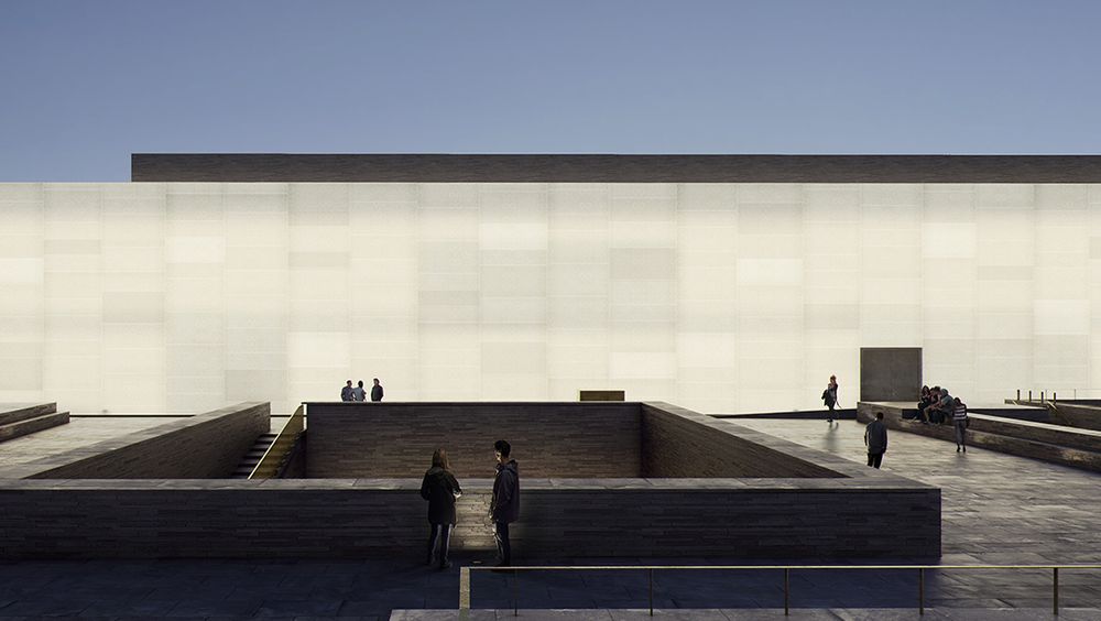 Alabasthallen sett fra Nasjonalmuseets takterrasse. Herfra vil man kunne betrakte detaljene i glasset som blir valgt.