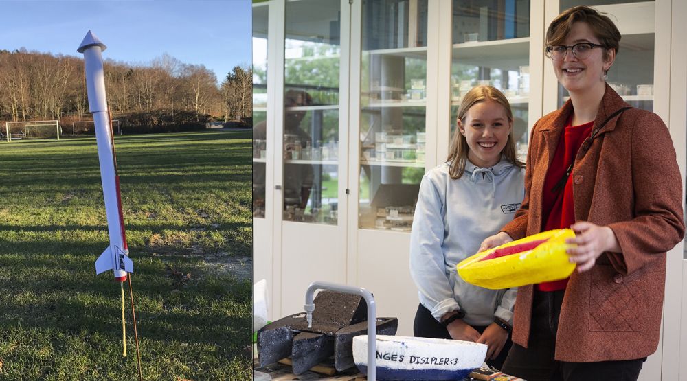 – Det beste med forskerlinja var folkene i klassen og det gode læringsmiljøet. Alle var svært motiverte, sier Rikke Harveland Ølberg (t.v.) og Anne Nijdam. Bygging av papirraketter er en av de mange oppgavene 2. klassingene får i faget Teknologi og Design på Universitetet i Stavanger.