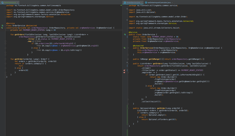 Med kompakt kode og en moderne syntaks kan Kotlin by på en enklere hverdag for Java-utviklere. Her er et eksempel fra Finn.no sin kodebase. Kotlin til venstre.