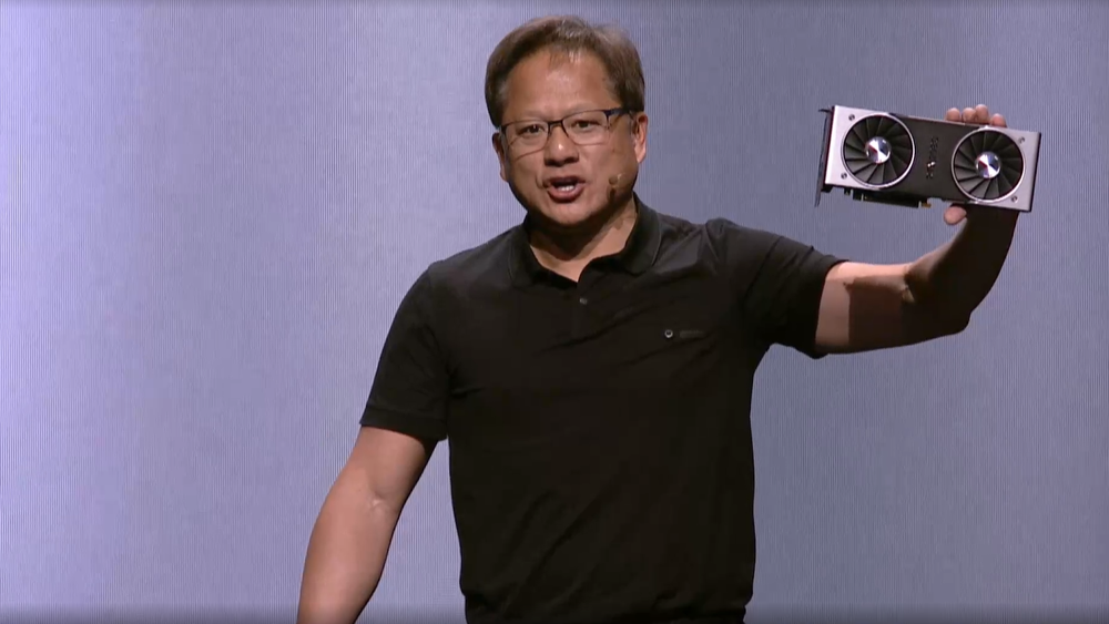 Nvidia-sjefen Jensen Huang viser frem de nye skjermkortene.