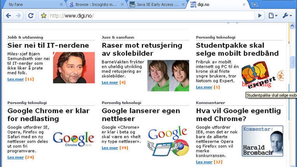 Google Chrome kom i en første betaversjon den 2. september 2008. Her vises datidens digi.no i nettopp betaversjonen av Chrome.