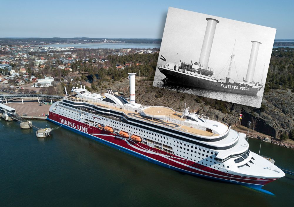 Passasjer- og bilfergen Viking Grace har LNG-motorer og rotorseil for å minske utslipp. Andreas Flettner monterte rotorseil på MV Buckau i 1924.