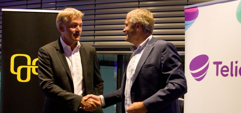 Direktørene Gunnar Evensen i Get TDC og Abraham Foss i Telia Norge da det ble kunngjort at Telia hadde kjøpt Get TDC i sommer.