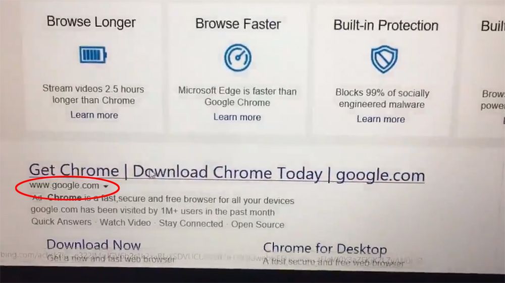 Bildet vises svindelannonsen som har blitt vist i Microsofts søketjeneste til blant annet Windows-brukere som ønsker å installere Google Chrome. Selv om det står www.google.com, er den ikke fra Google.