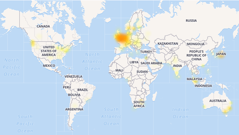 Kartet indikerer at Microsoft-kunder en rekke steder er berørt av problemene med Azure-tjenesten.