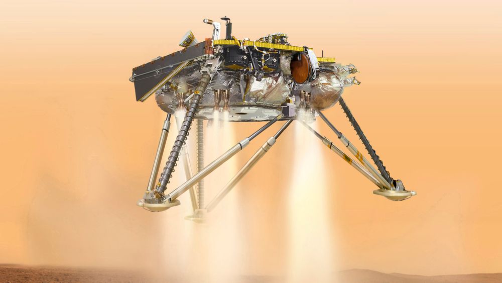 En illustrasjon fra 2016 viser Mars-sonden InSight i det den lander. Mandag er sonden framme etter en seks måneder lang ferd fra jorda.