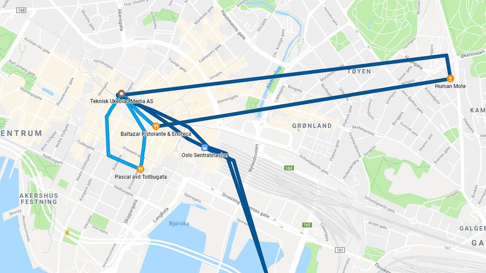Undertegnedes bevegelser i Oslo en fredag for noen uker siden, ifølge tidslinjen i Google Maps. Ingenting hemmelig akkurat denne dagen, men det kunne ha vært. Alle apper med tilgang til posisjonstjenesten i smartmobiler kan samle inn data på denne måten.