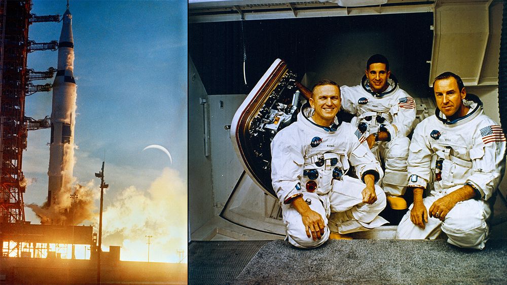 Apollo 8 starter fra Kennedy Space Center 21. desember 2968. Det var første gang en Saturn V ble benyttet i en bemannet oppskyting. Astronautene om bord var Frank F. Borman, James A. Lovell og William A. Anders. Anders ble senere amerikansk ambassadør i Norge.