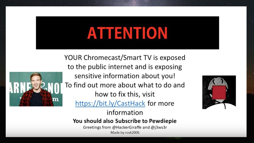 Skjermbilde av Youtube-videoen som mange Chromecast-brukere har blitt vist gjennom CastHack-angrepet de siste dagene.