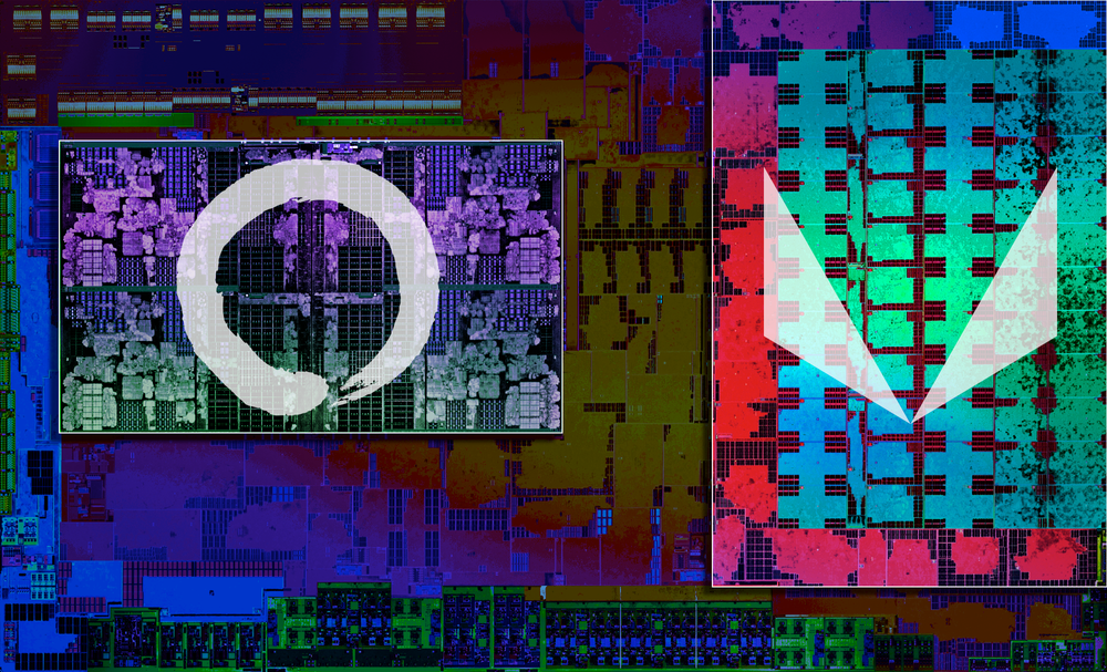 Mikroskopbilde av silisiumbrikken i 2. generasjon AMD Ryzen-prosessor.
