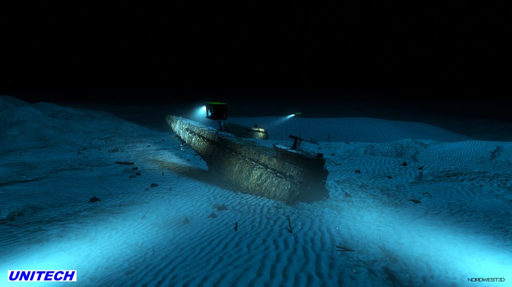 Ubåten U-864 som ble delt i to av torpedo i 1945 ligger i mørket på 150 meters dyp. Dette er en animasjon basert bl.a. sonarbilder av vraket.