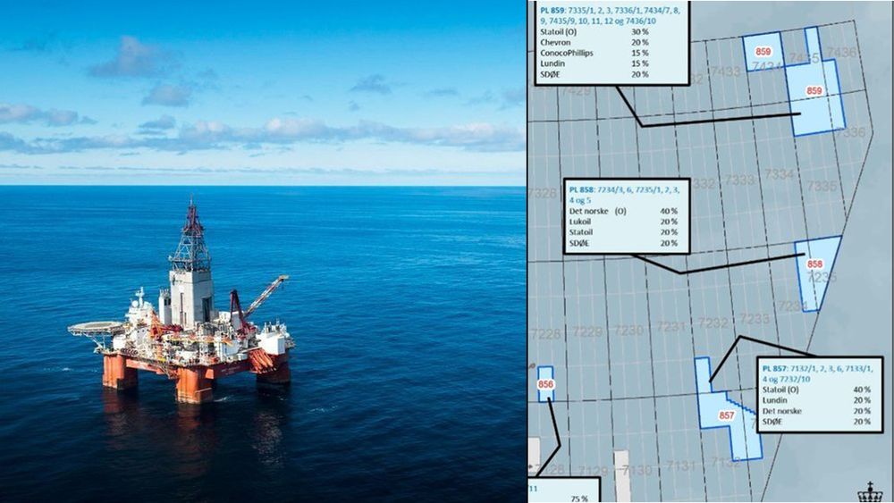 Øvre del av utblåsningsventilen på boreriggen West Hercules ble frakoblet utilsiktet, under leteboring på Gjøkåsen-prospektet i Barentshavet sørøst.Gjøkåsen er den nederste av de tre lisensene på bildet, med nummer 857. 