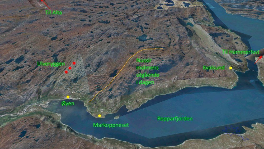 Her er malmens utløp i dagen plottet inn i landskapet som en oransje stripe. Tettstedet Kvalsund er merket med gult. Det er også det gamle gruveanlegget ved Øyen til Folldal Verk som ble lagt ned på 70-tallet, mens Markoppneset er en mulig plassering av gruvepåslag og oppredningsverk. De røde prikkene er gamle gruveanlegg.