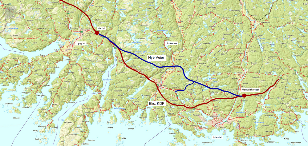 Den 26 kilometer lange korridoren som Nye Veier foreslår å realisere ny E39 fra Mandal til Lyngdal øst.