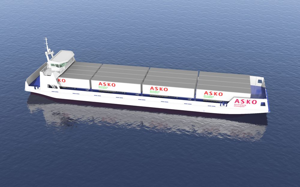 Asko og Kongsberg Maritime planlegger elektriske fraktefartøy for semitrailere (ro-ro) mellom Moss-Holmestrand. Lengde: 66 meter. Bredde. 15 meter. Batterikapasitet: 1,7 MWh.