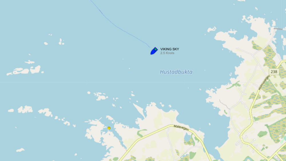 Cruiseskipet Viking Sky i Hustadbukta, lørdag 23. mars 2019 klokken 14:35.