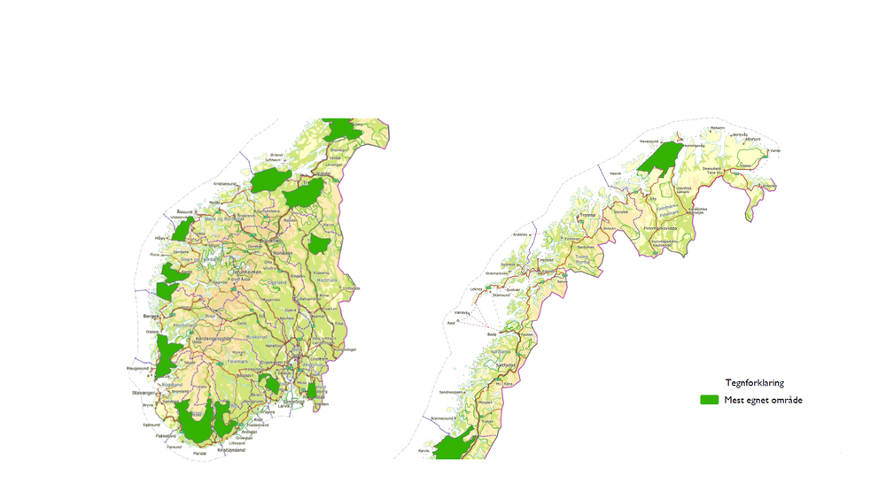 NVE har pekt ut 13 områder som er egnet for vindkraftutbygging. Områdene berører alle fylker med unntak av Oslo, Akershus, Oppland og Troms. Til tross for at mange arealer i Nord-Norge har de beste produksjonsforholdene for vindkraft, peker NVE ut flest områder i Sør-Norge.