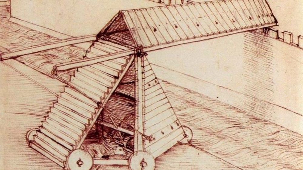 Leonardo framhevet gjerne kunnskapen sin om maskiner til krigføring. Her er en skisse fra ca. 1481 av en konstruksjon som skulle brukes i forbindelse med beleiringer. 