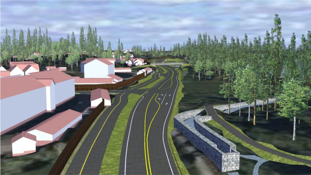 Illustrasjon av planen for fylkesvegen langs Hålandsvannet. Mur mellom kjøreveg og turveg for å unngå fylling i vannet. Bak i bildet: parkeringsplassen.