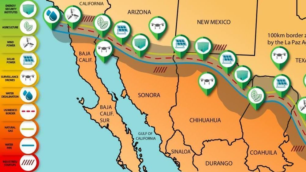 Slik forestiller forskere seg en energikorridor med vindmøller, solceller og utvinning av naturgass langs grensen mellom USA og Mexico.