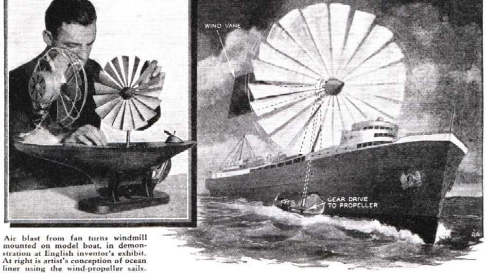 Trolig en patent på vindkraft-drevet skip fra 30-tallet. Vindteknologi har ikke gjort sitt store comeback i maritim industri siden den ble danket ut av damp for rundt 150 år siden, men stadig flere gjør et forsøk.