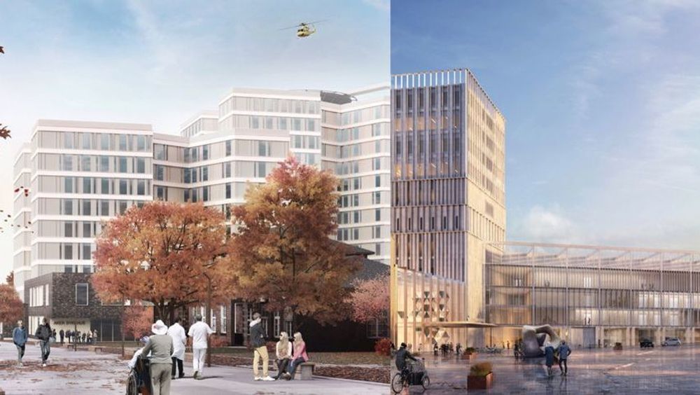 Til venstre: Skisse av nye Aker sykehus. Til høyre: Skisse av nye Gaustad sykehus.