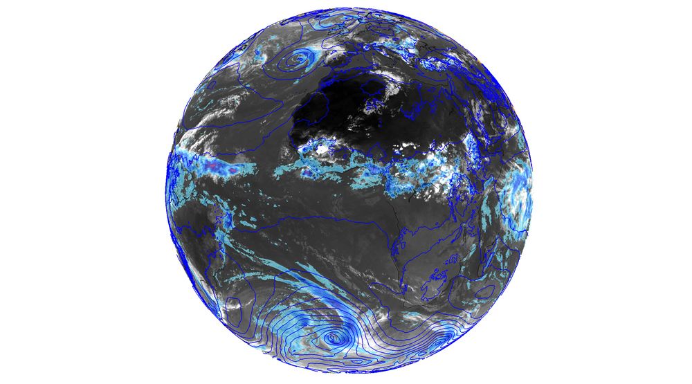 Verdensværet: Bildet med jordkloden viser varsel fra ECMWF sin høyoppløste modell i 9 kilometer oppløsning. Her er det plottet 3 timers akkumulert nedbør og lufttrykk ved havnivå.