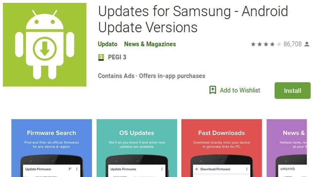 «Updates for Samsung»-appen hadde over 10 millioner nedlastinger, men ser nå ut til å være fjernet fra Google Play.